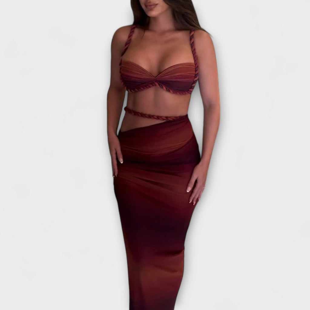 Jane - Stylový gradientový pletený crop top a overskirt duo