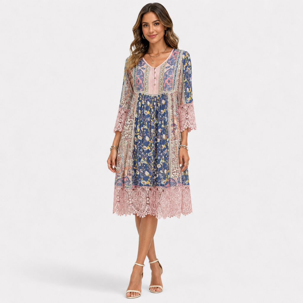Casey - Boho šaty s krajkou a vintage květinovým vzorem