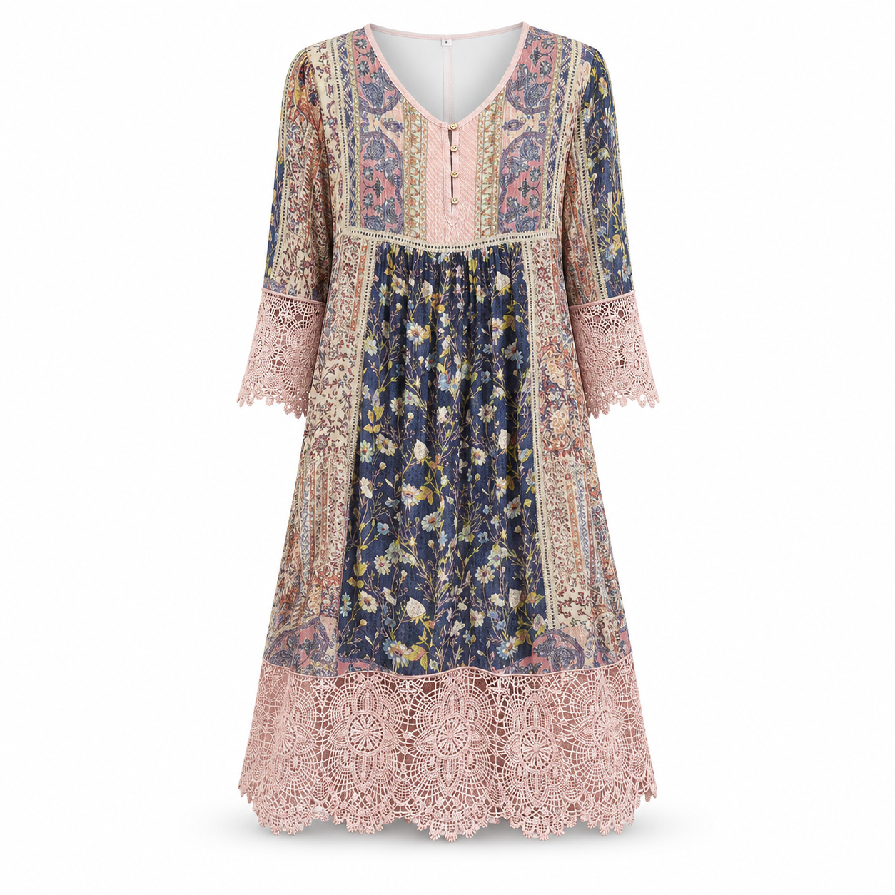 Casey - Boho šaty s krajkou a vintage květinovým vzorem