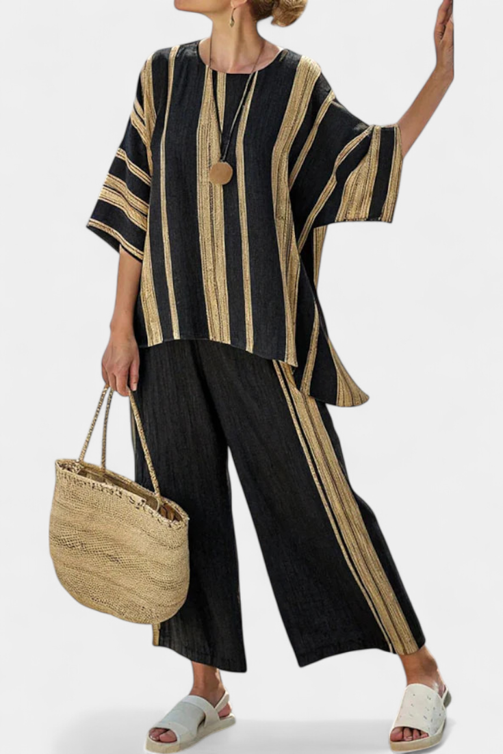 Adéla – pohodlný oversized pruhovaný top a uvolněné lněné kalhoty