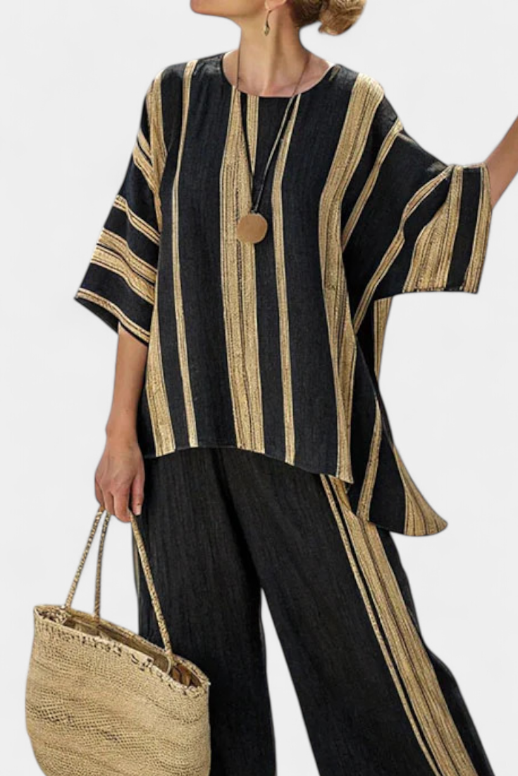 Adéla – pohodlný oversized pruhovaný top a uvolněné lněné kalhoty