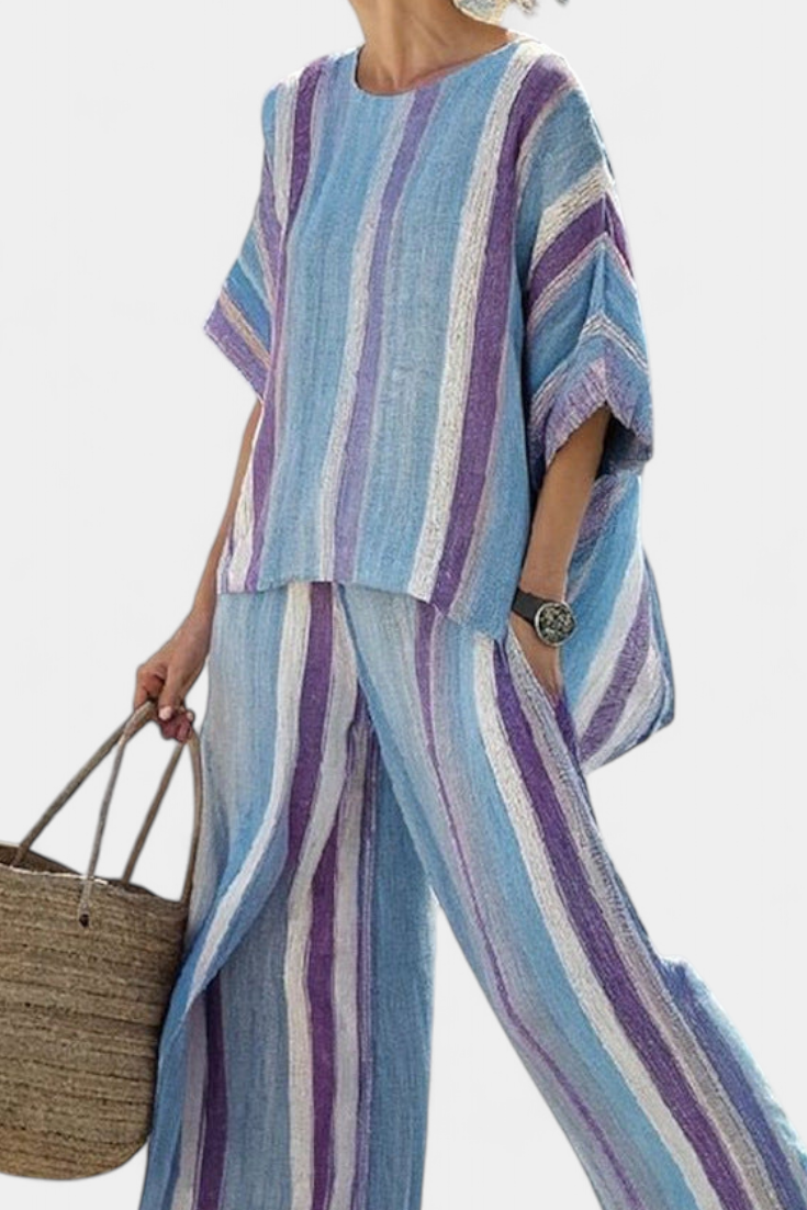 Lucie – elegantní top v pastelově mauve a pruhované lněné kalhoty