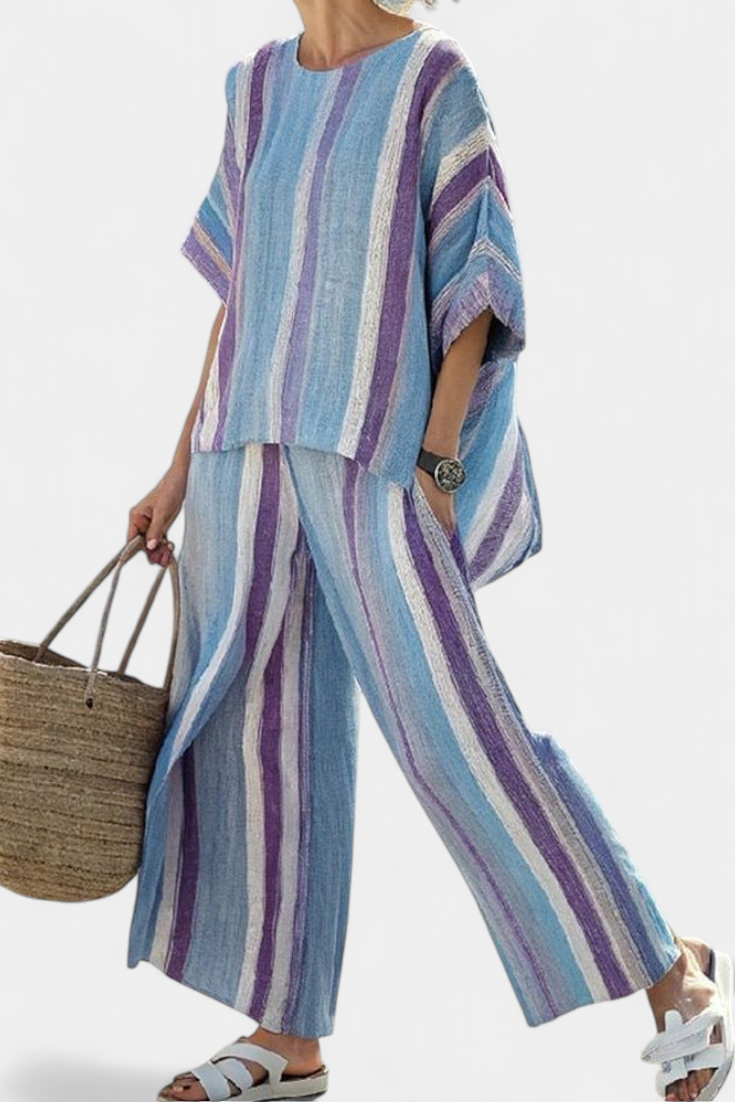 Lucie – elegantní top v pastelově mauve a pruhované lněné kalhoty